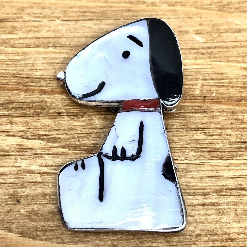 Zuni Snoopy Pendant Red Coral 1.5" Inlay Silver Signed Peanuts Dog Native Amer‎